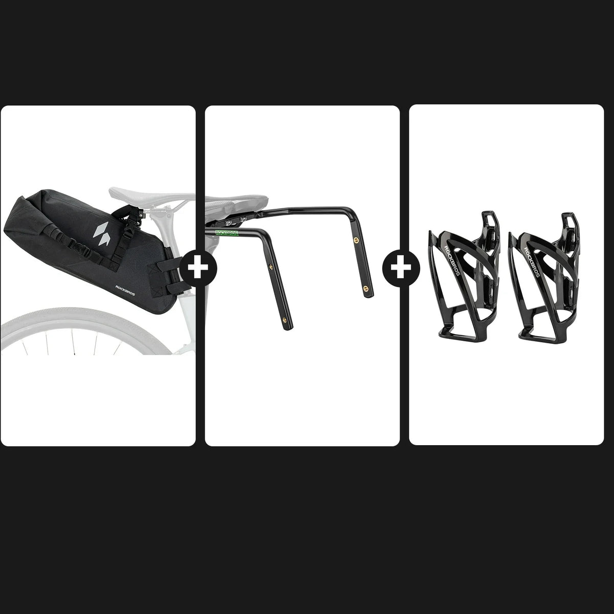 Bikepacking zadeltasset met stabilisator en dubbele bidonhouders
