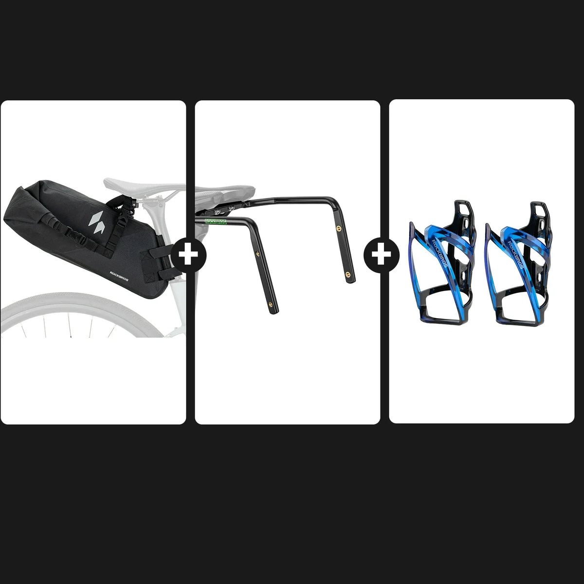 Bikepacking zadeltasset met stabilisator en dubbele bidonhouders