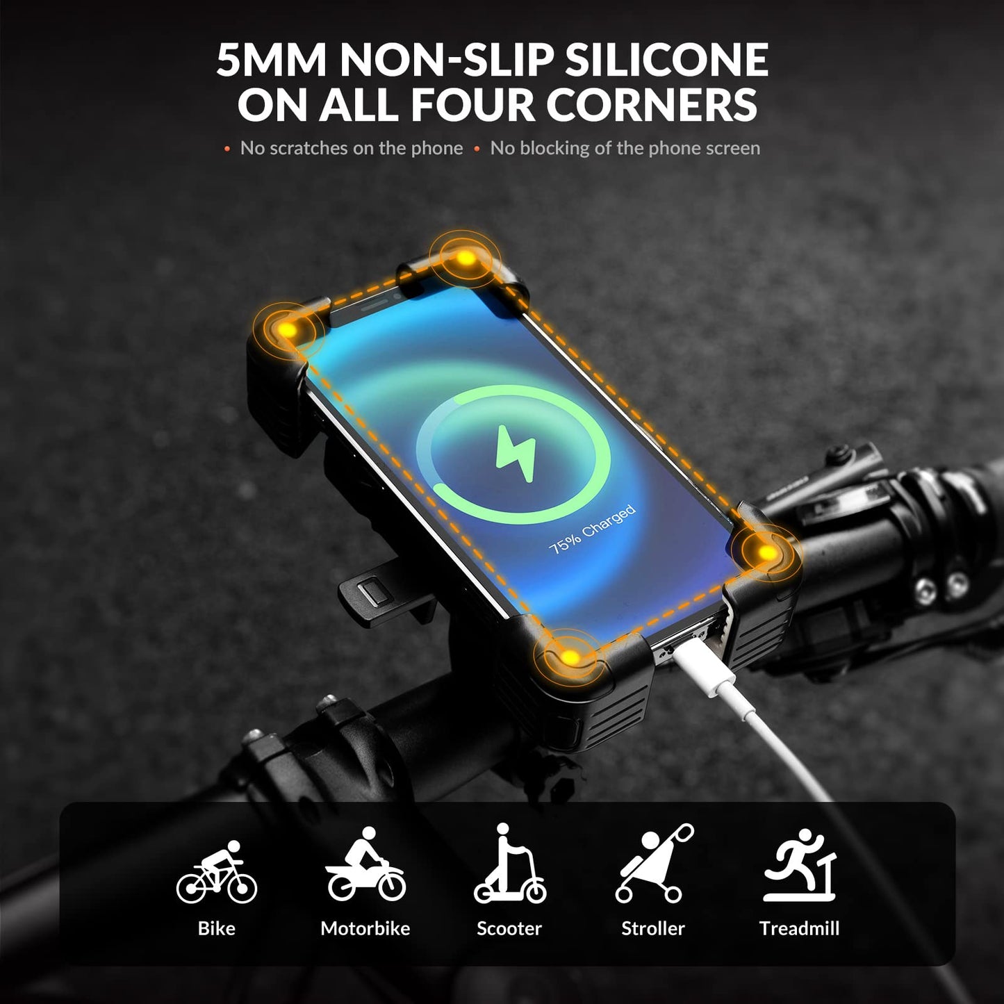 Grijze 360° draaibare telefoonhouder fiets met quick release