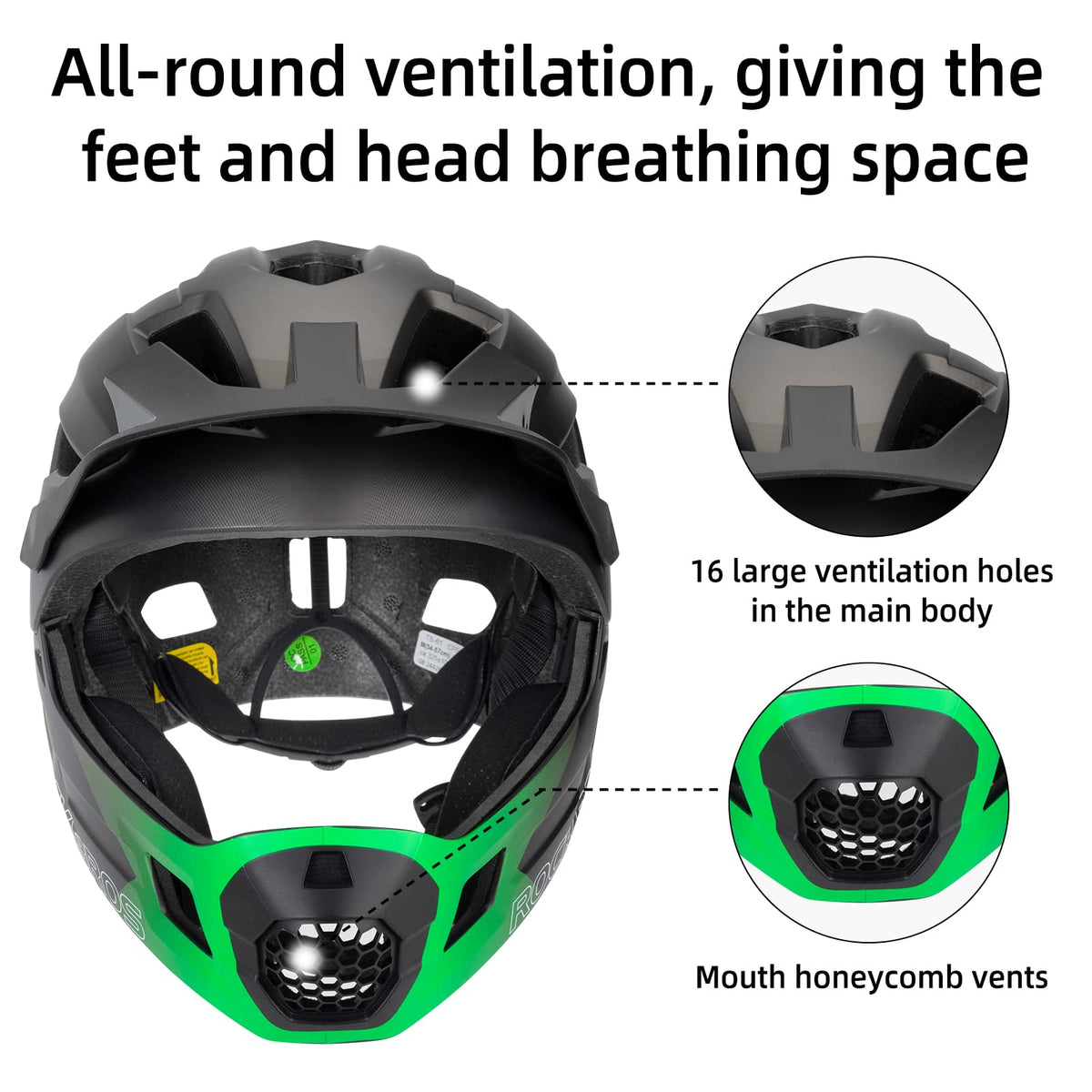 #Groen ROCKBROS fullface kinderhelm voor bmx, mtb en skateboard met ventilatie