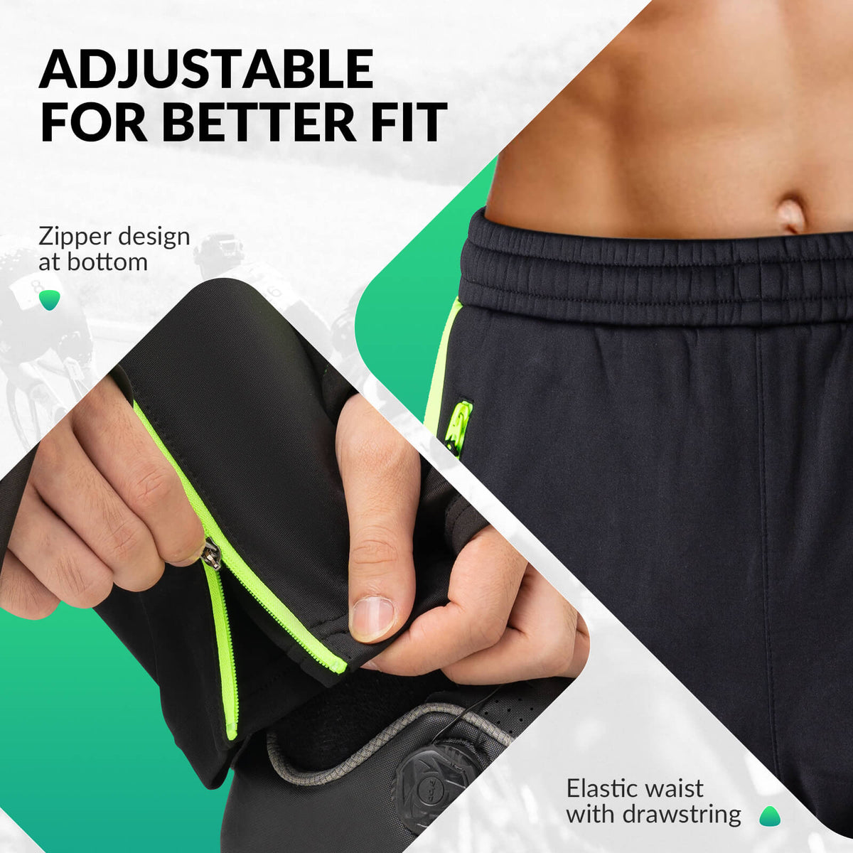 ROCKBROS winter thermal windproof softshell cycling trousers in bright green, ideal for cold weather cycling