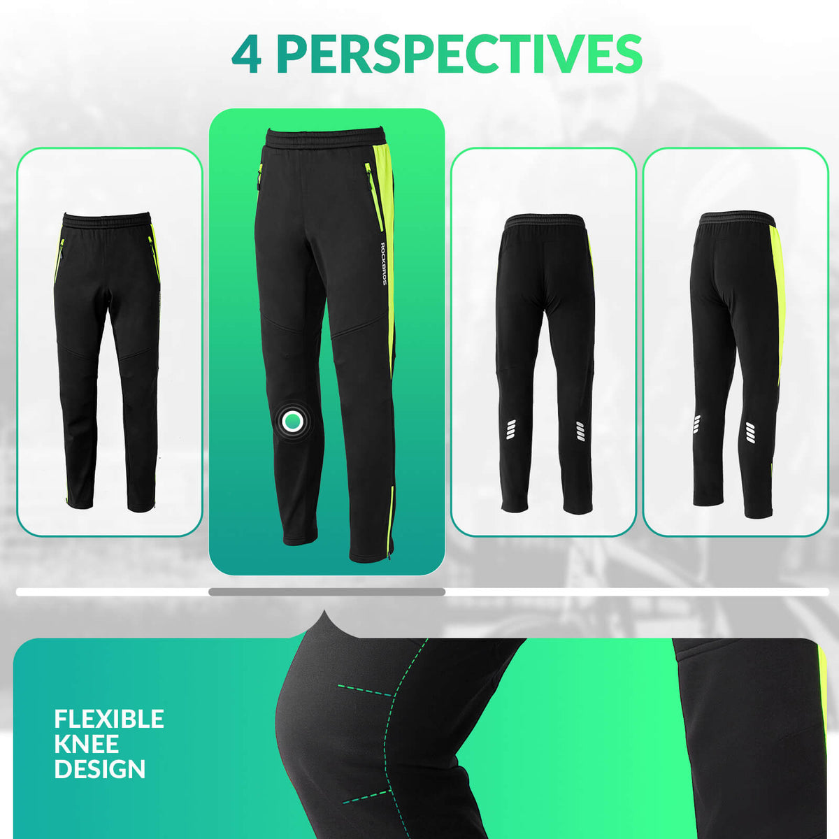 ROCKBROS winter thermal windproof softshell cycling trousers in bright green, ideal for cold weather cycling