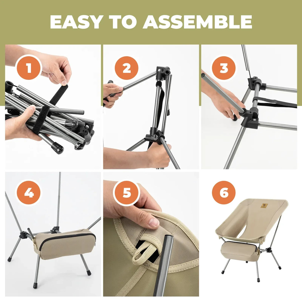 Step-by-step assembly guide for a portable chair with text 'Easy to Assemble'.