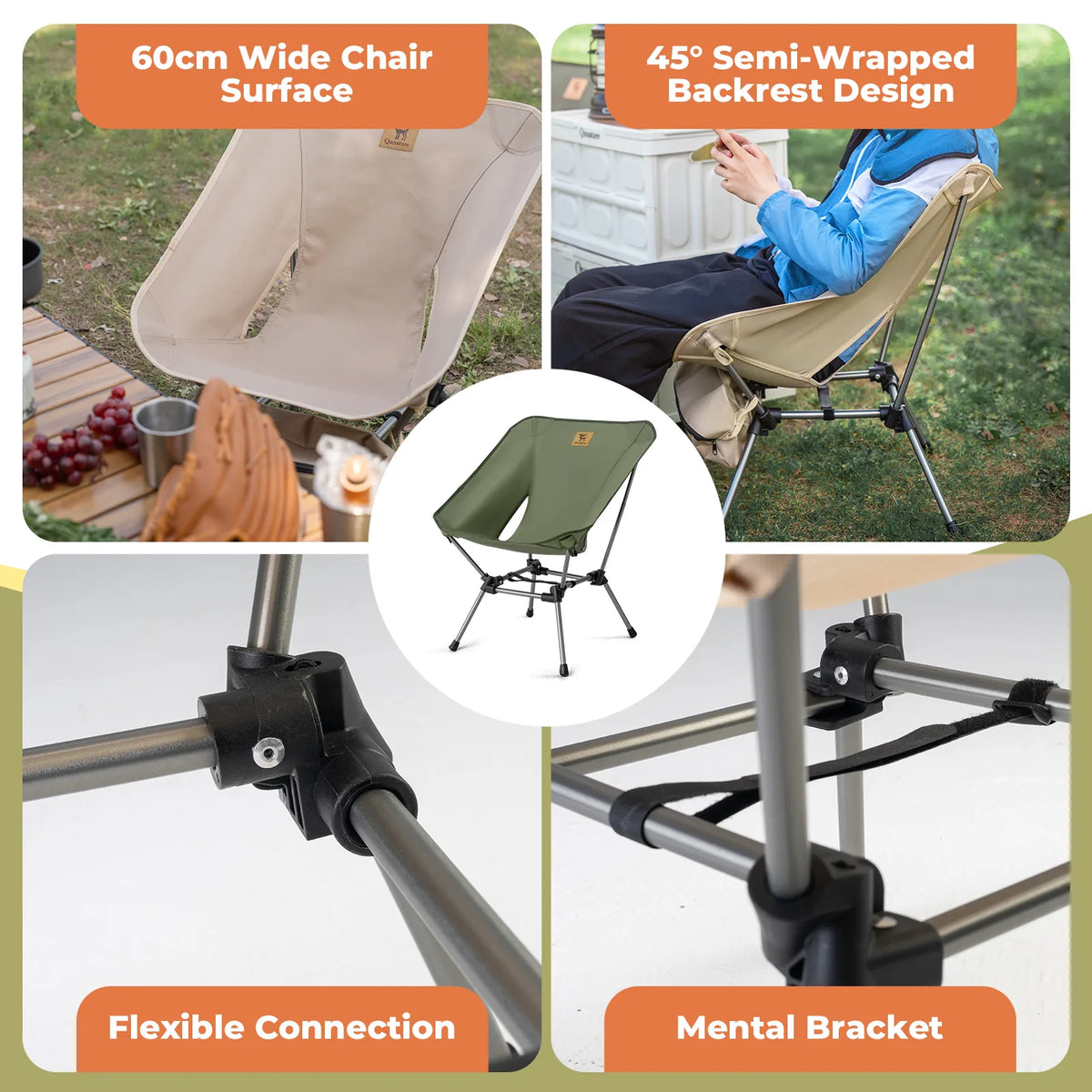Collage of a camping chair with features highlighted, including wide surface and backrest design.