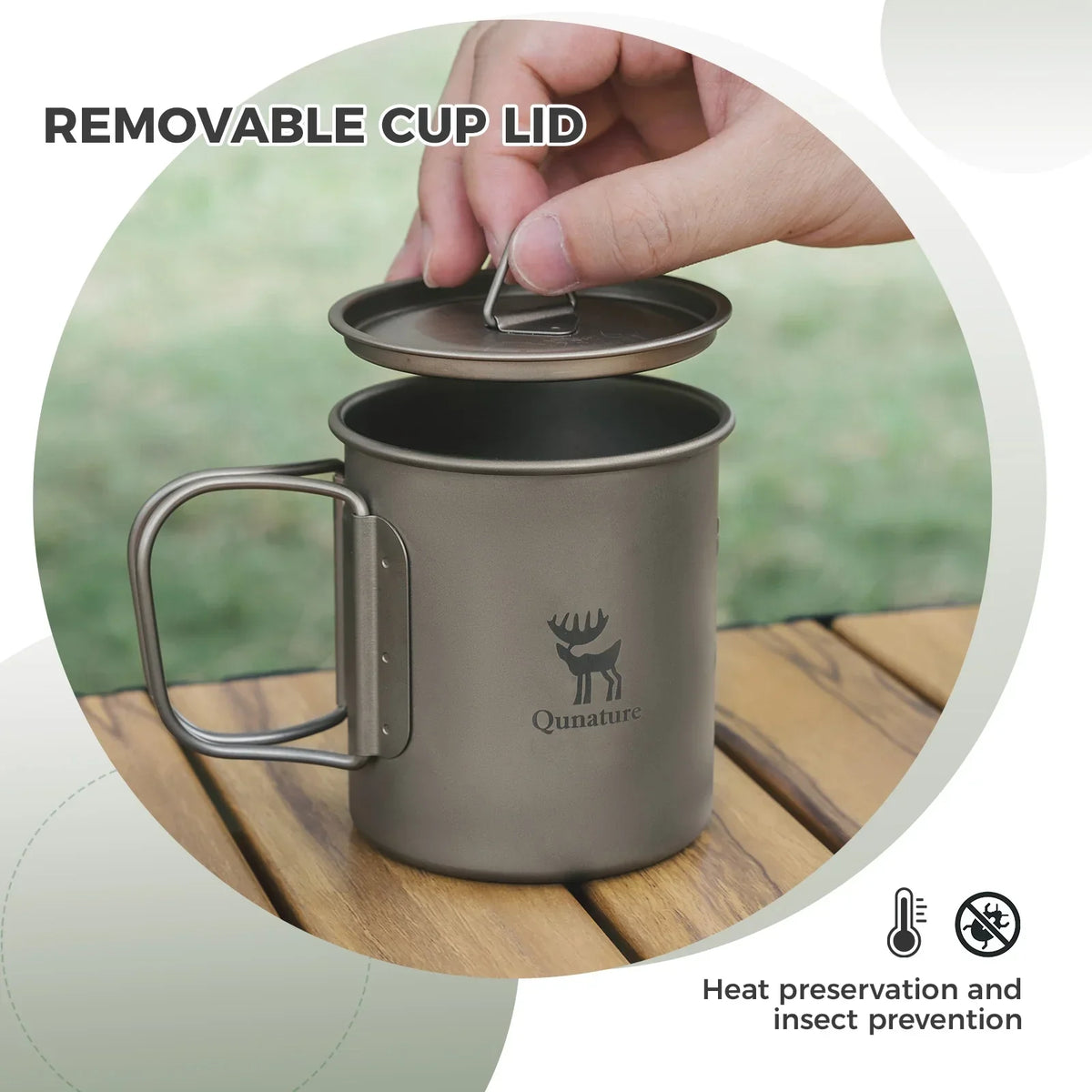 Opvouwbare titanium campingbeker 375 ml met deksel