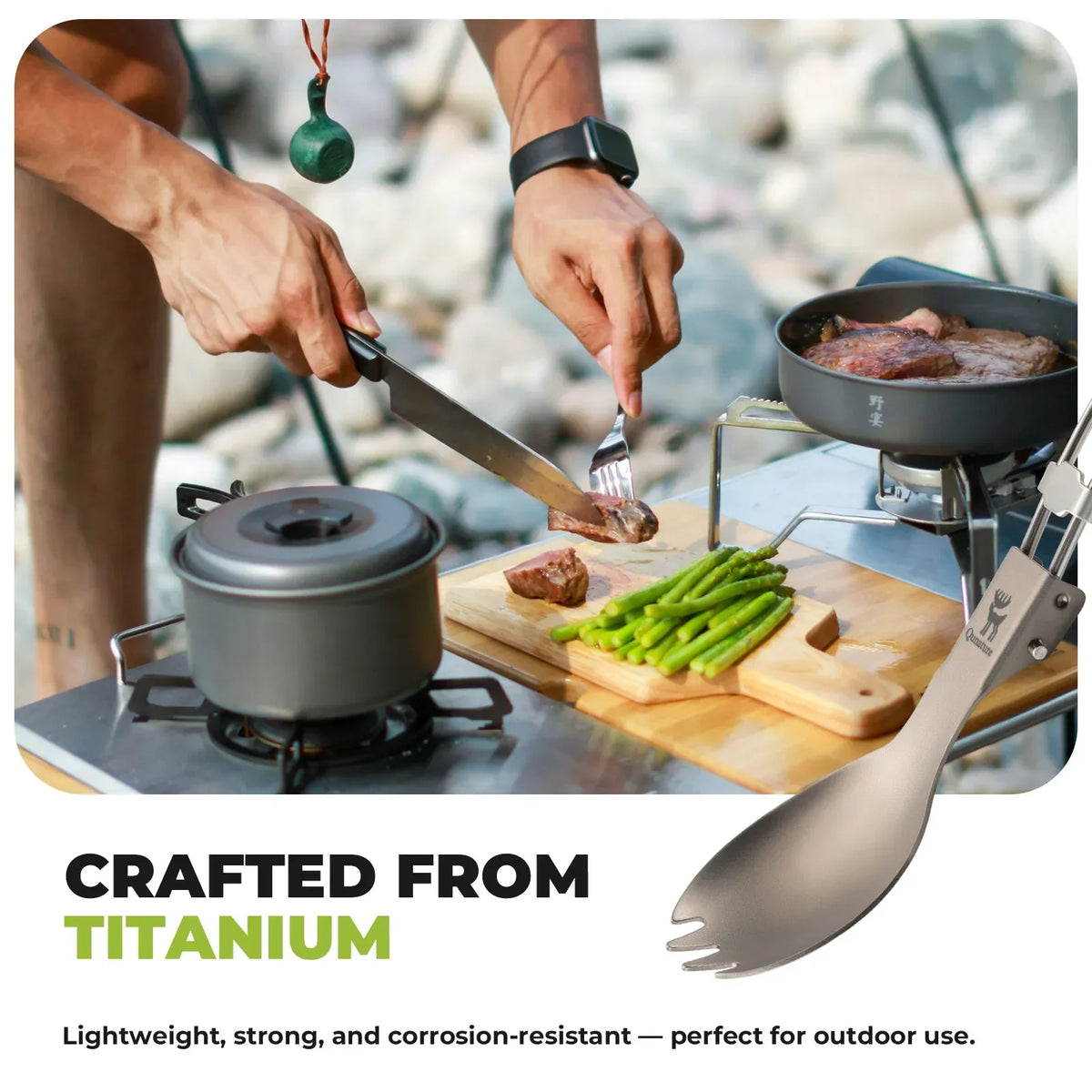 Titanium eetset met eetstokjes en opvouwbare lepel