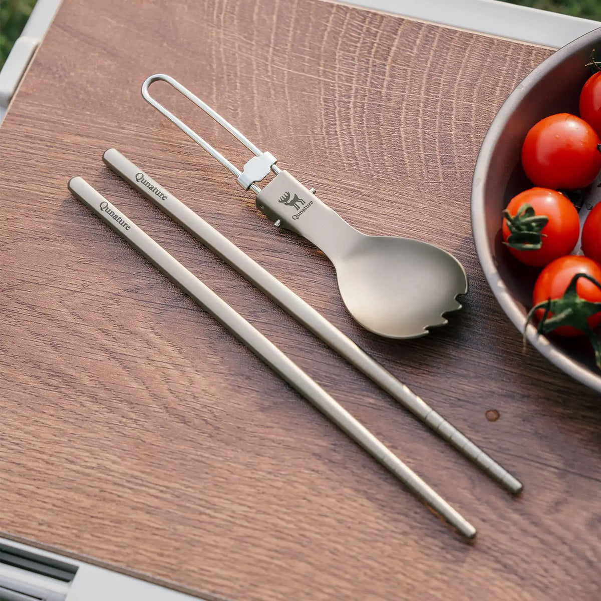 Titanium eetset met eetstokjes en opvouwbare lepel