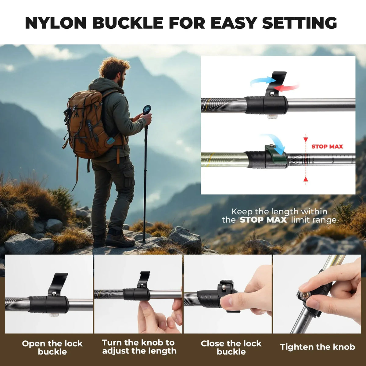 Ultralichte 3-delige trekkingstok 62–135 cm