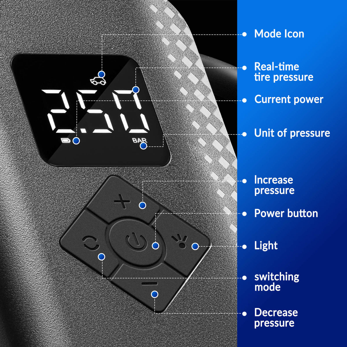Elektrische fietspomp A13 met vijf pompstanden – 150 PSI – productdetail 9
