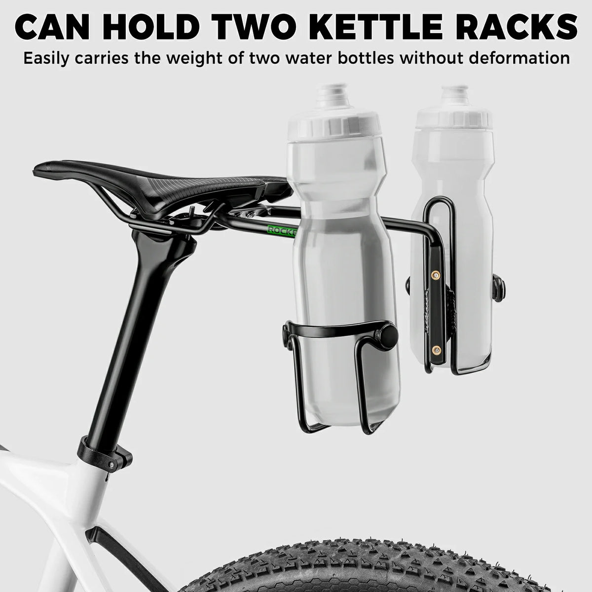 Bikepacking zadeltasset met stabilisator en dubbele bidonhouders