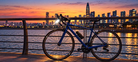 Fiets met brandende koplamp aan het water bij zonsondergang — AI-bewerkte merksfeerfoto