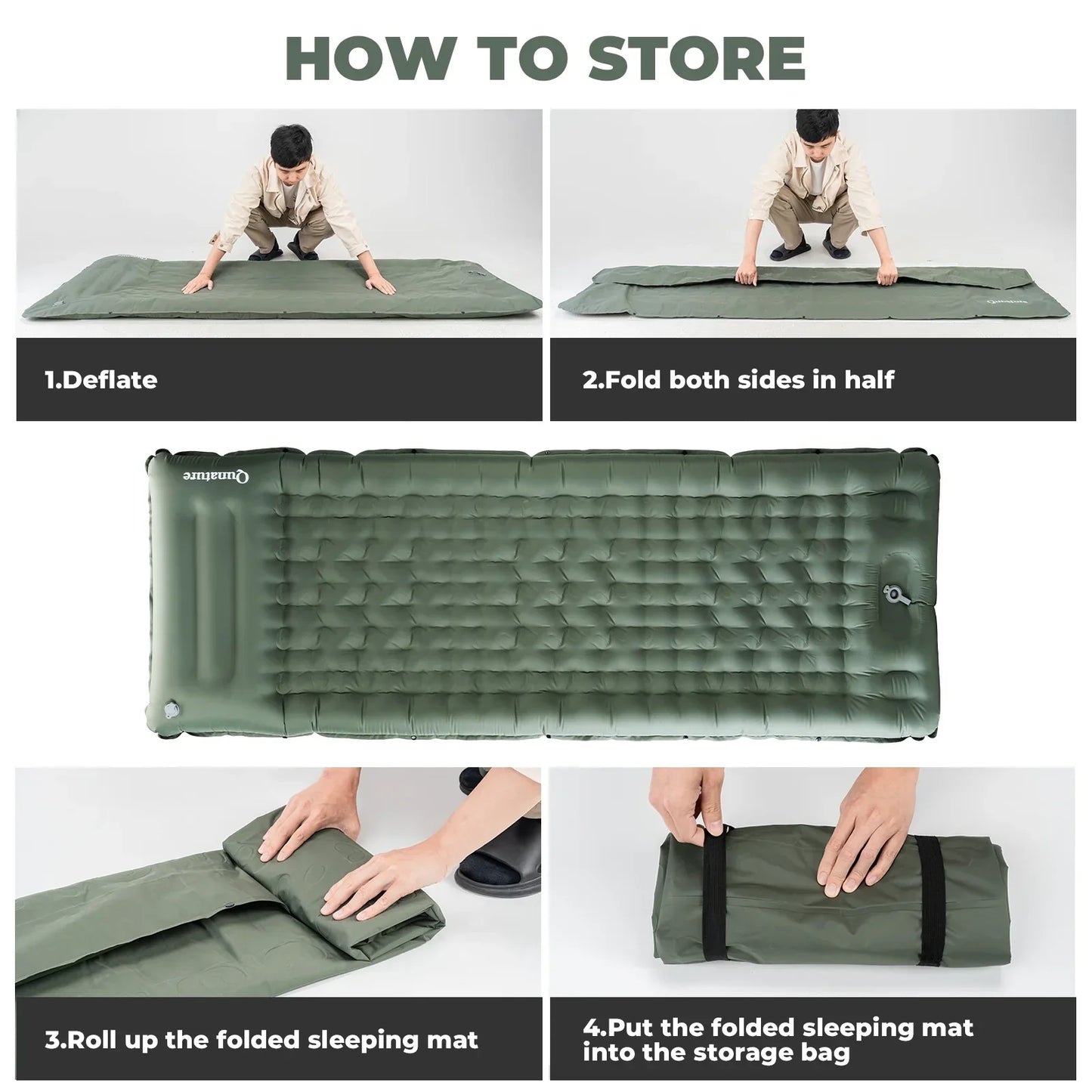 A lightweight inflatable blue camping sleeping pad with built-in pillow#Color_green