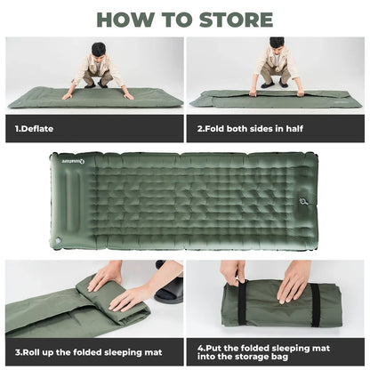 A lightweight inflatable blue camping sleeping pad with built-in pillow#Color_green