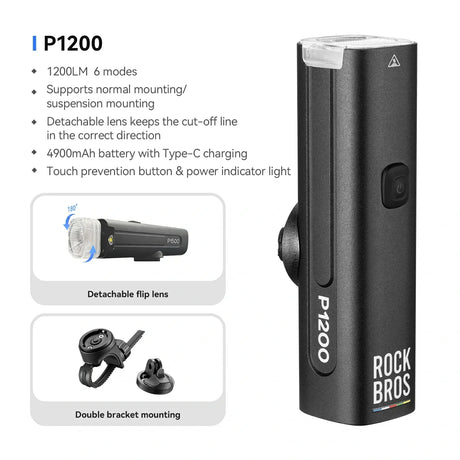 ROCKBROS road to sky fietskoplamp p1200 specificaties zwart achtergrond#uitvoering_1200lm