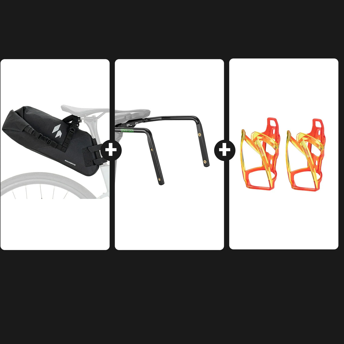 Bikepacking zadeltasset met stabilisator en dubbele bidonhouders