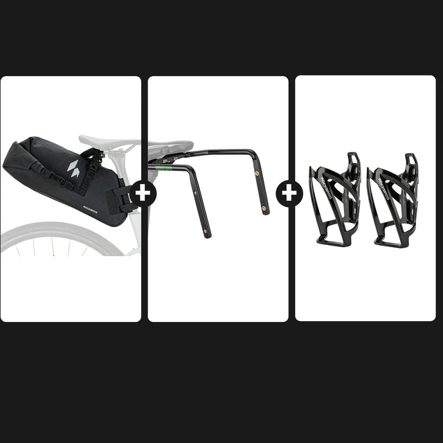 Bikepacking zadeltasset met stabilisator en dubbele bidonhouders