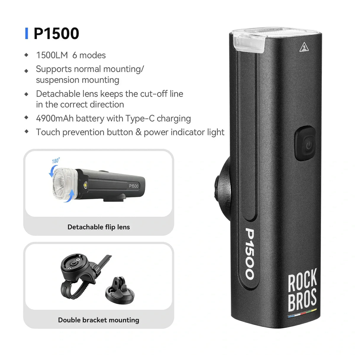 ROCKBROS road to sky fietskoplamp 1500 lumen specificaties zwart achtergrond#uitvoering_1500lm