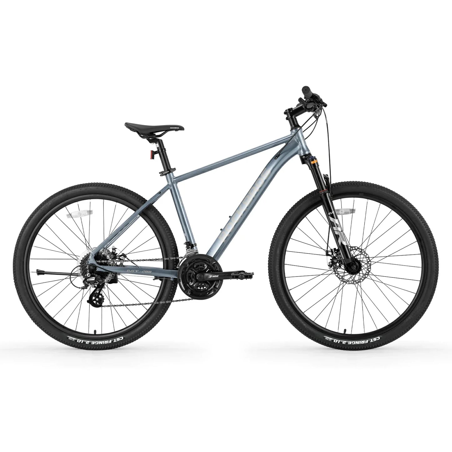Hydraulic disc brake system on ROCKBROS MT200 mountain bike.
#color_steel blue