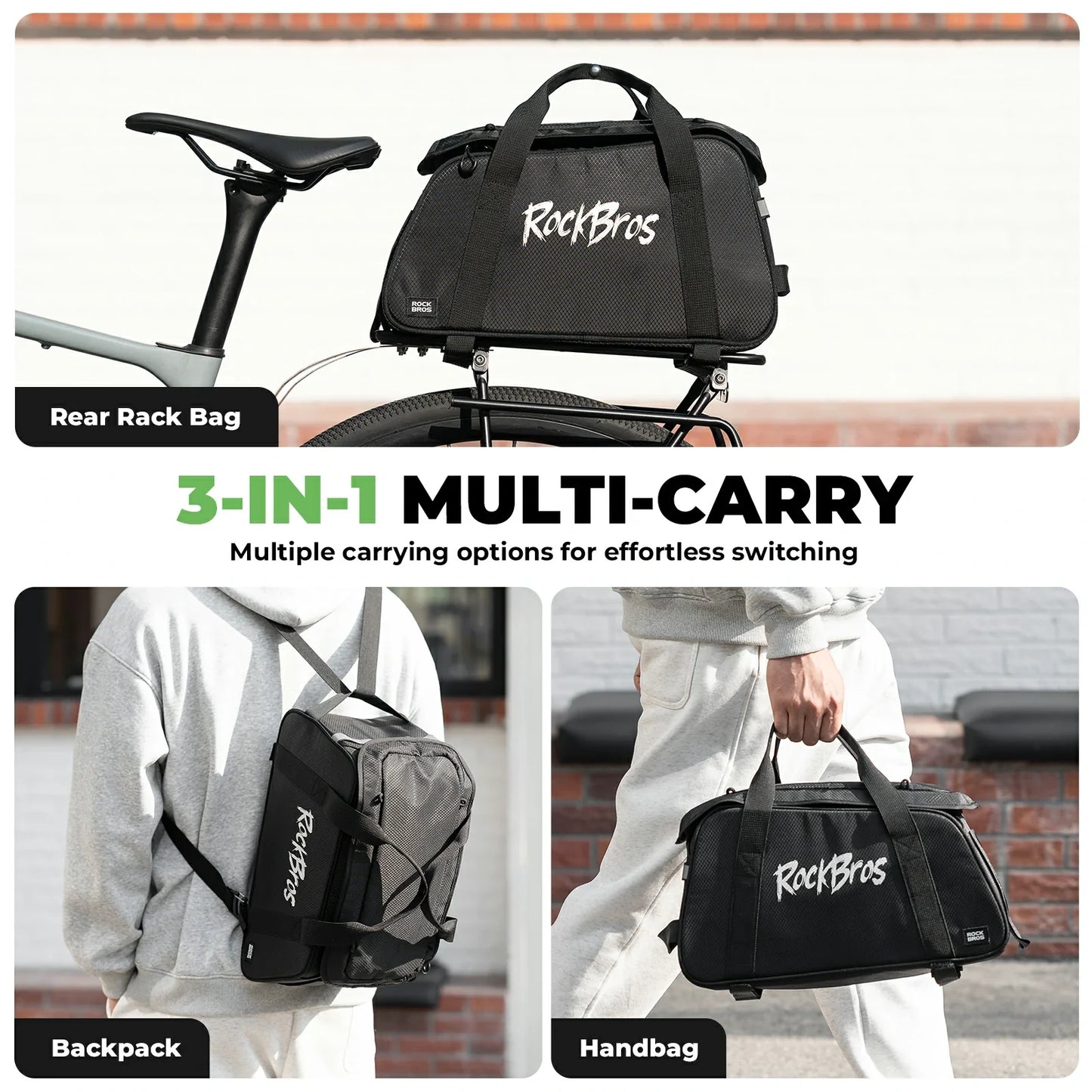 ROCKBROS 3-in-1 bike pannier bag rear rack bag backpack 10.5L