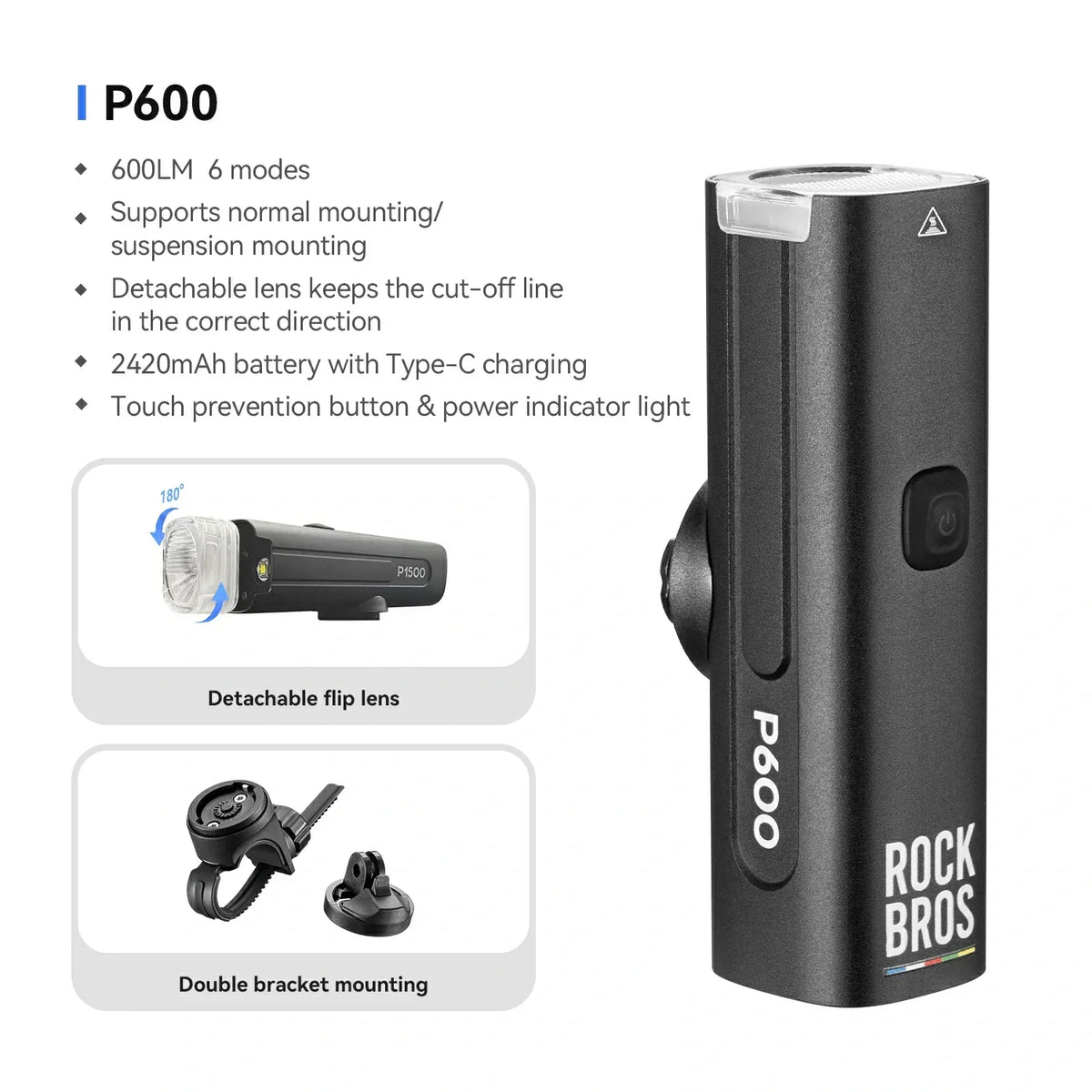 ROCKBROS road to sky fietskoplamp p600 specificaties wit achtergrond#uitvoering_600lm