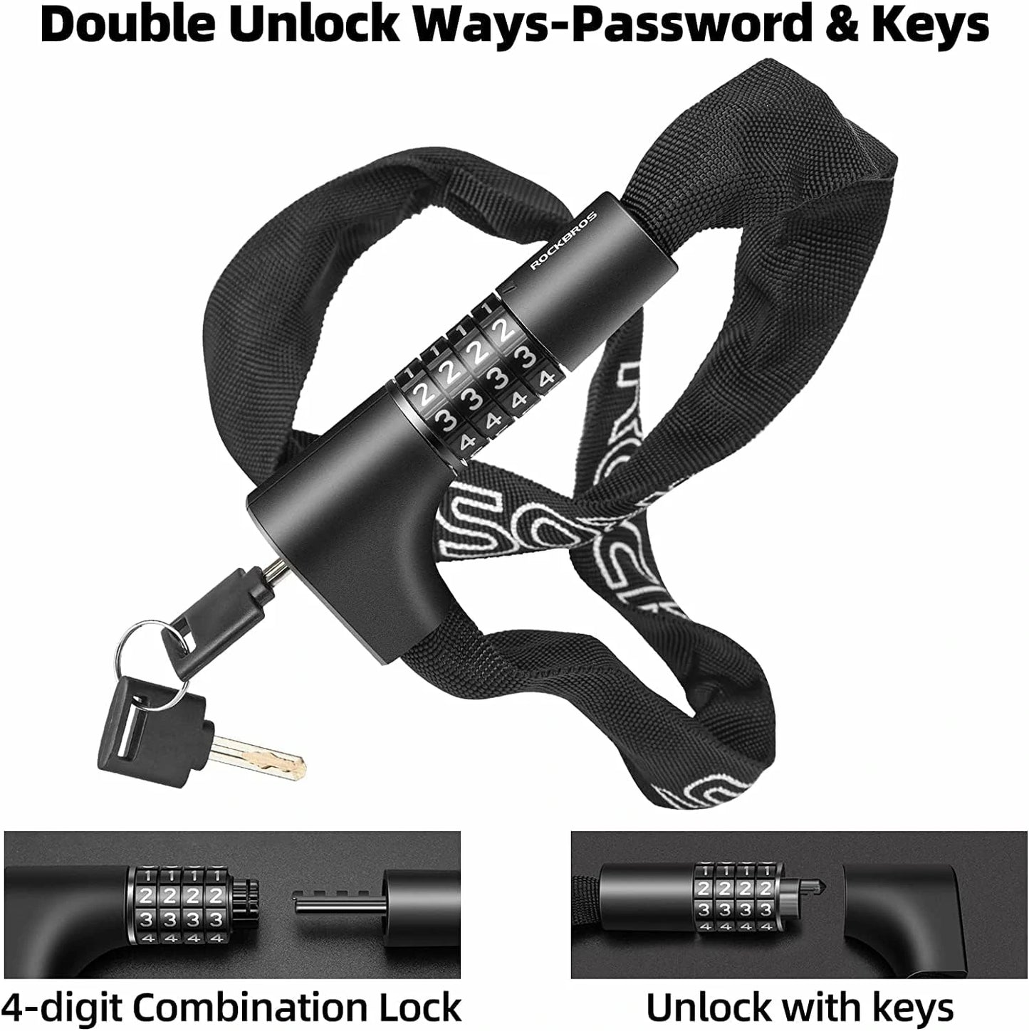 ROCKBROS kettingslot 96 cm dubbel te openen met cijfercode en sleutel