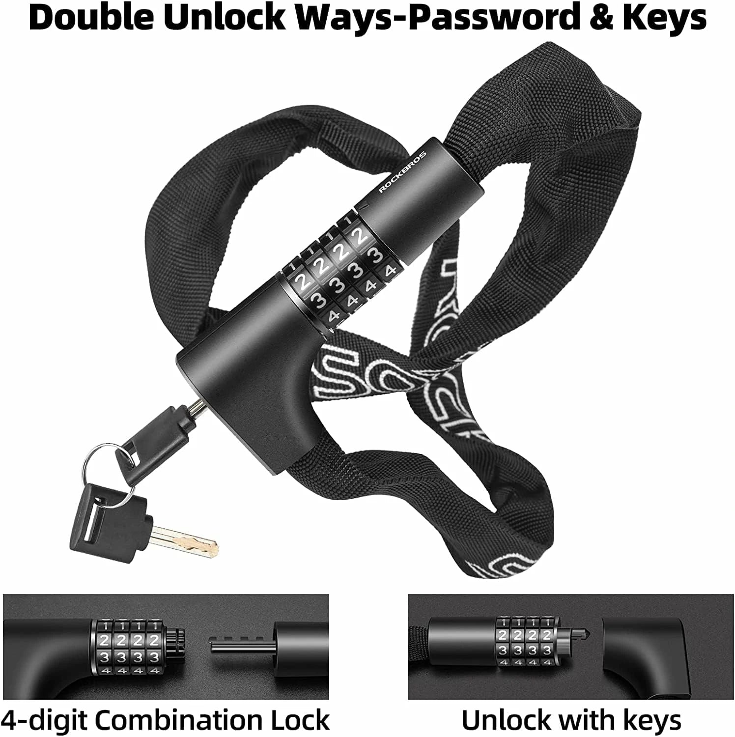 ROCKBROS kettingslot 96 cm dubbel te openen met cijfercode en sleutel