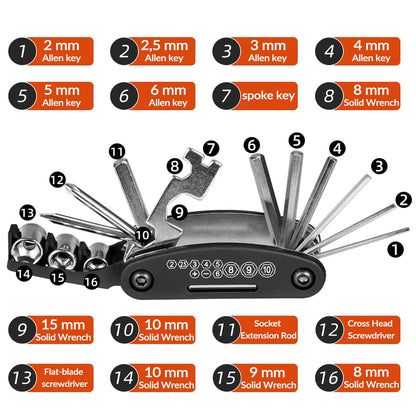 ROCKBROS Bicycle Repair Tool Bike Pocket Multi Function Folding Tool 16 in 1 Black