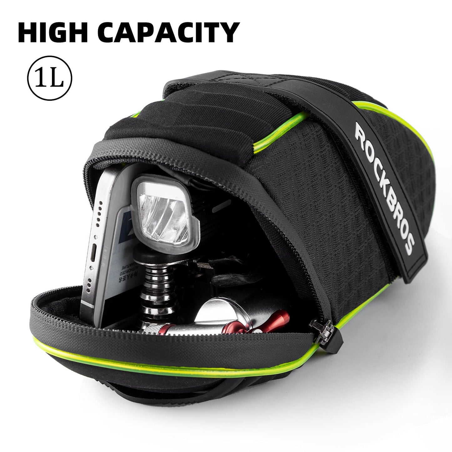 ROCKBROS Bicycle Saddle Bag Under Seat 3D Shell Cycling Seat Pack #Size_Green Black