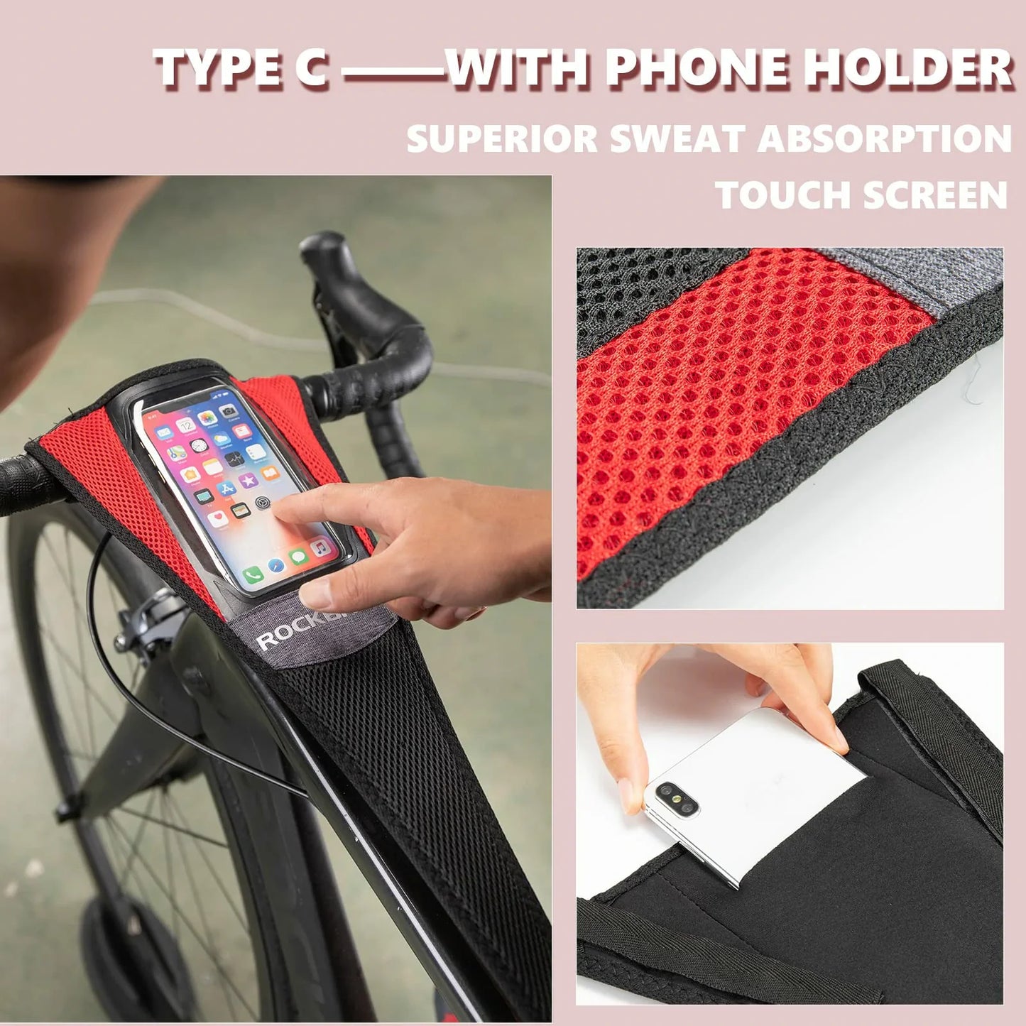 rockbros dual-layer sweat guard stretched between handlebar and seat-post on indoor road bike #Style_Type C (Wider)