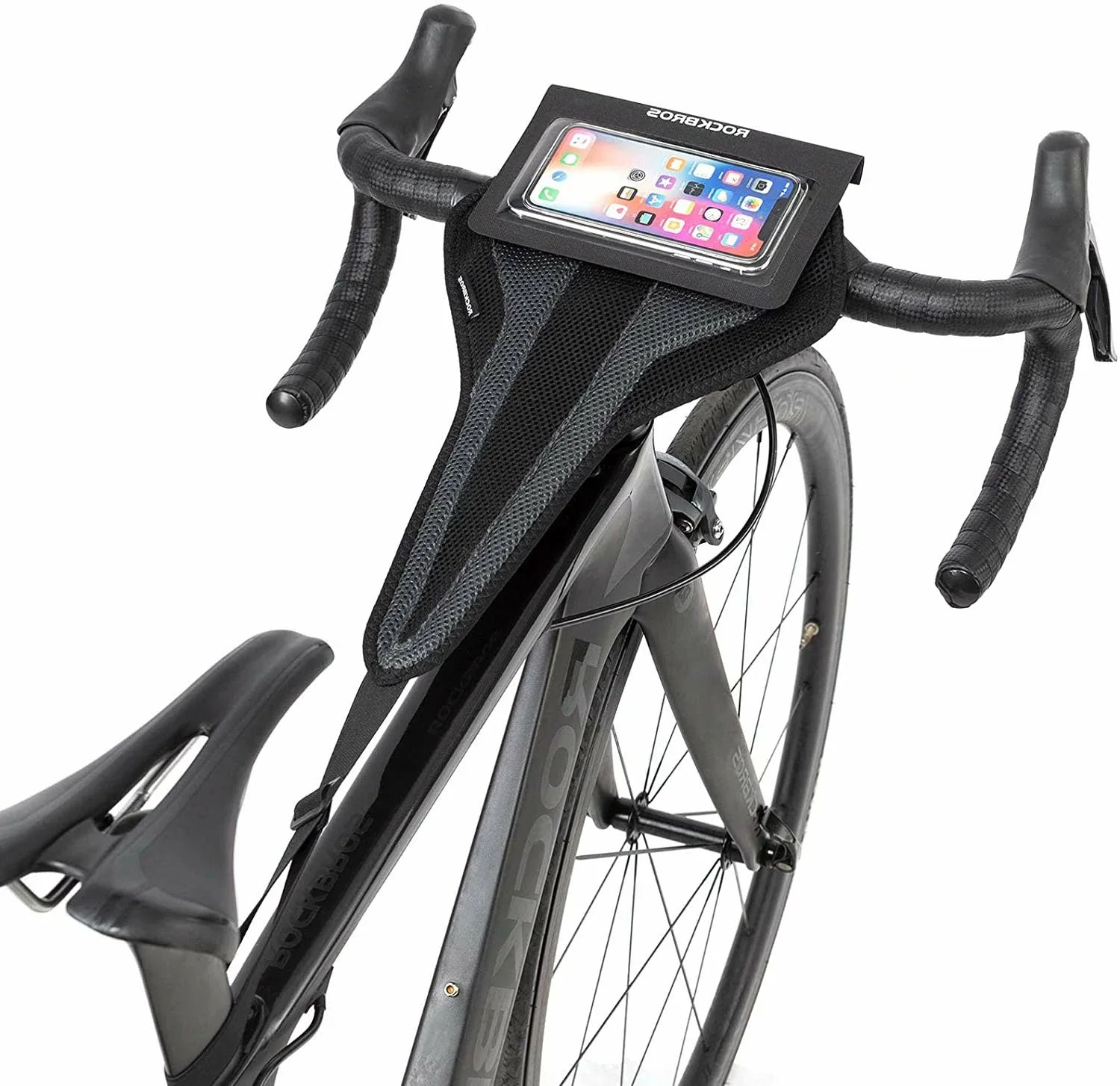 rockbros dual-layer sweat guard stretched between handlebar and seat-post on indoor #Style_Includes a phone pocket