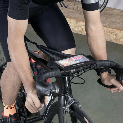 rockbros dual-layer sweat guard stretched between handlebar and seat-post on indoor #Style_Includes a phone pocket