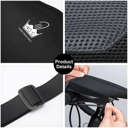 rockbros dual-layer sweat guard stretched between handlebar and seat-post on indoor #Style_Includes a phone pocket