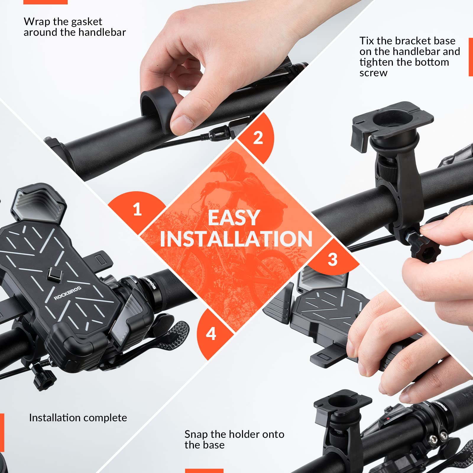 Grijze 360° draaibare telefoonhouder fiets met quick release