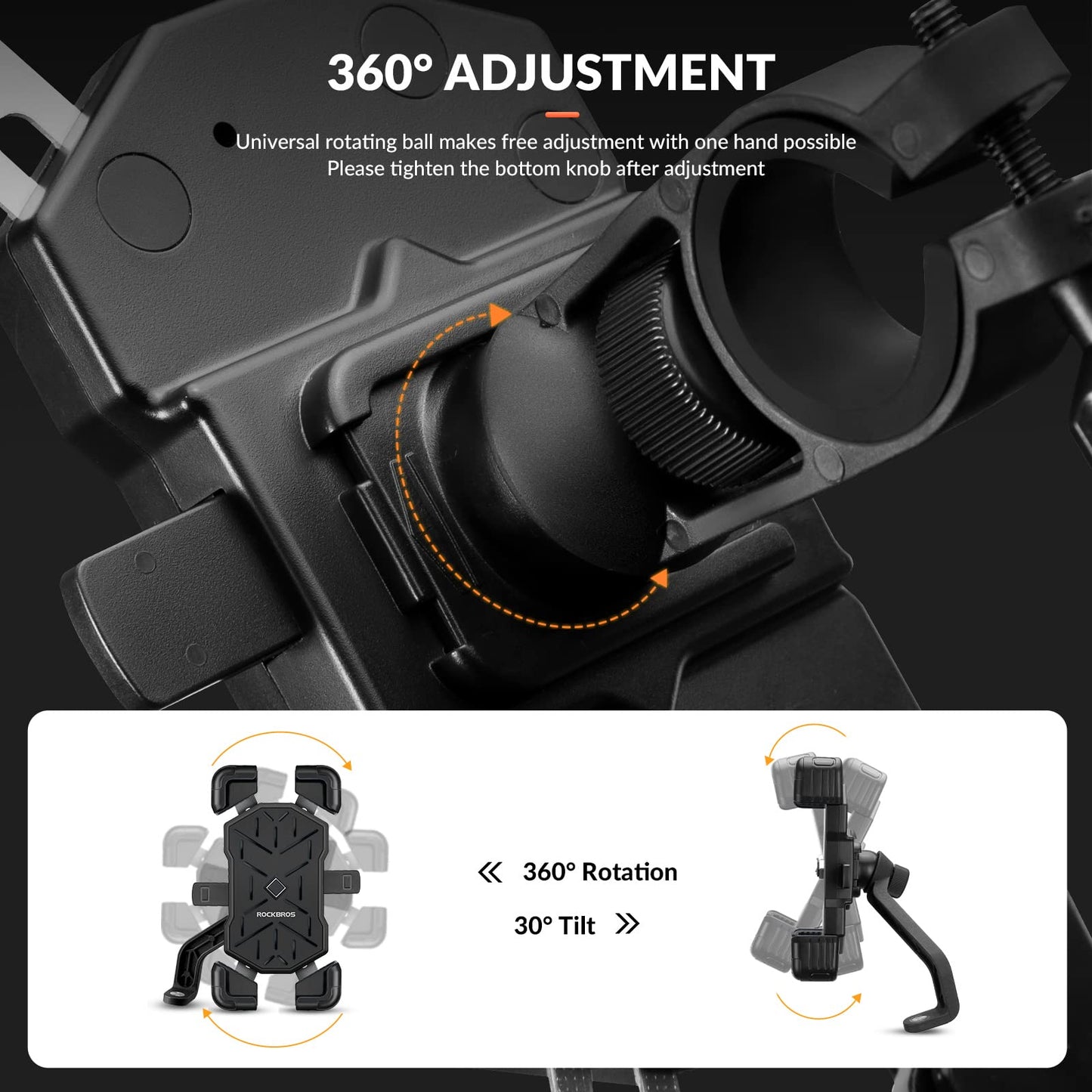 Zwarte 360° draaibare telefoonhouder fiets met quick release