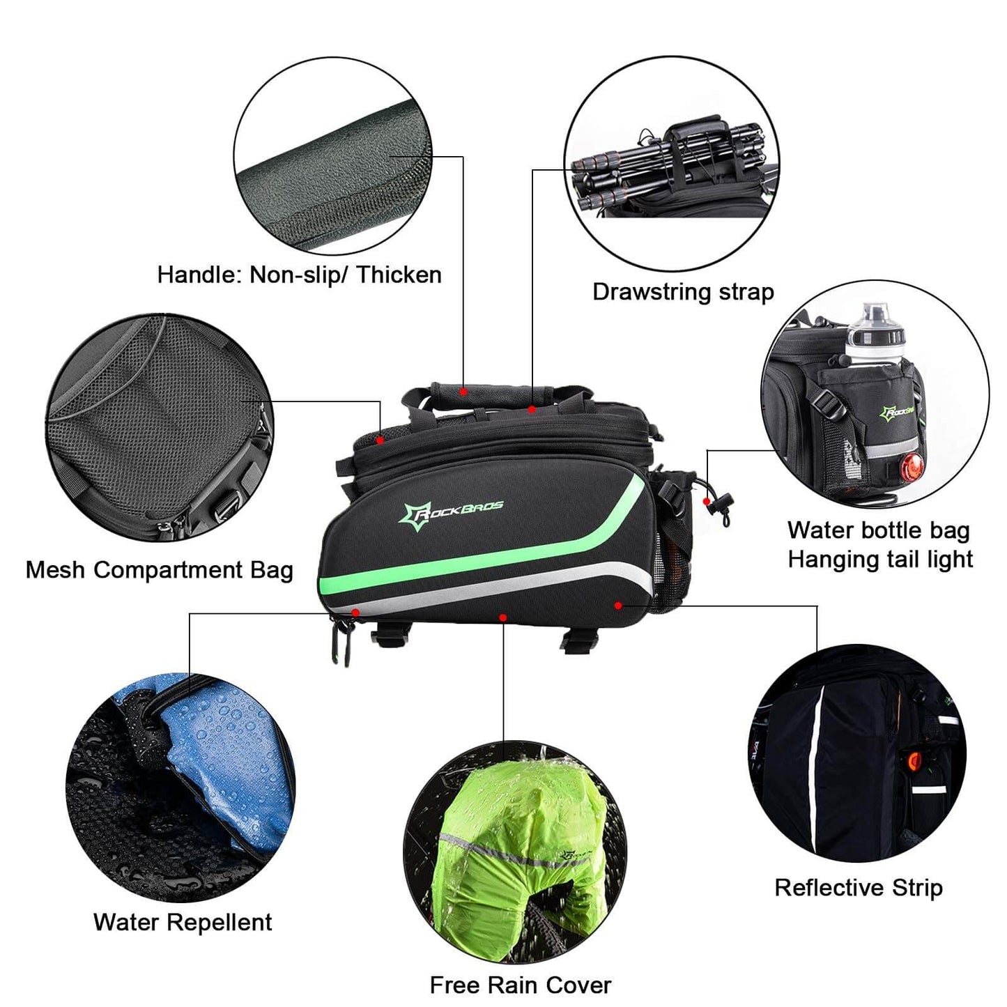 ROCKBROS Bike Rear Rack Pannier Waterproof Bag Bike Trunk Pack #Color_Black Green