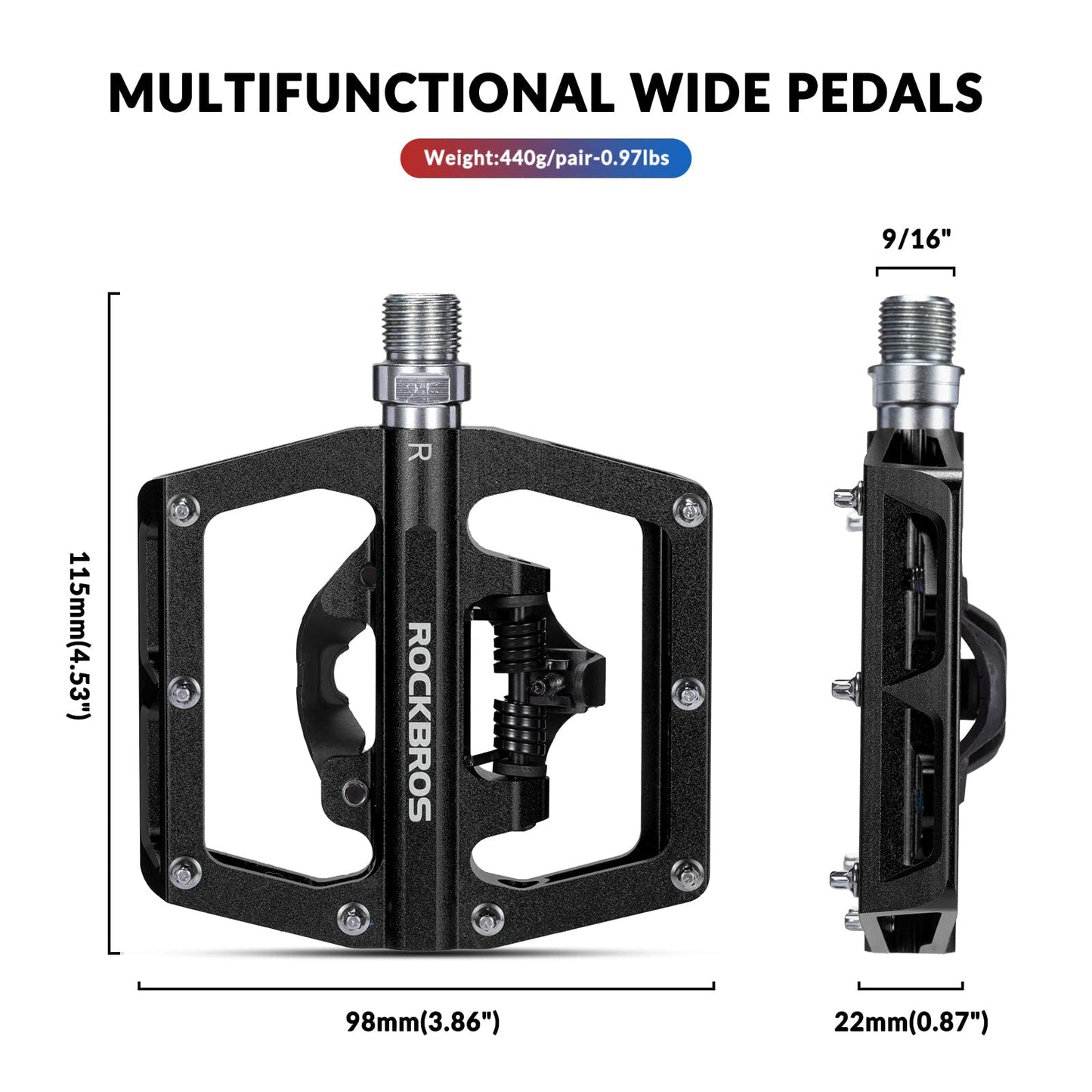 ROCKBROS Dual Functionality Bike Pedals Clipless Flat Bike Pedals (Pair) #Color_Black