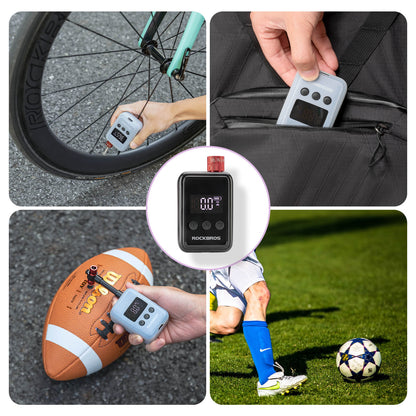 ROCKBROS electric bicycle pump, portable mini air pump with LED display, high-pressure inflation for cycling and outdoor use.