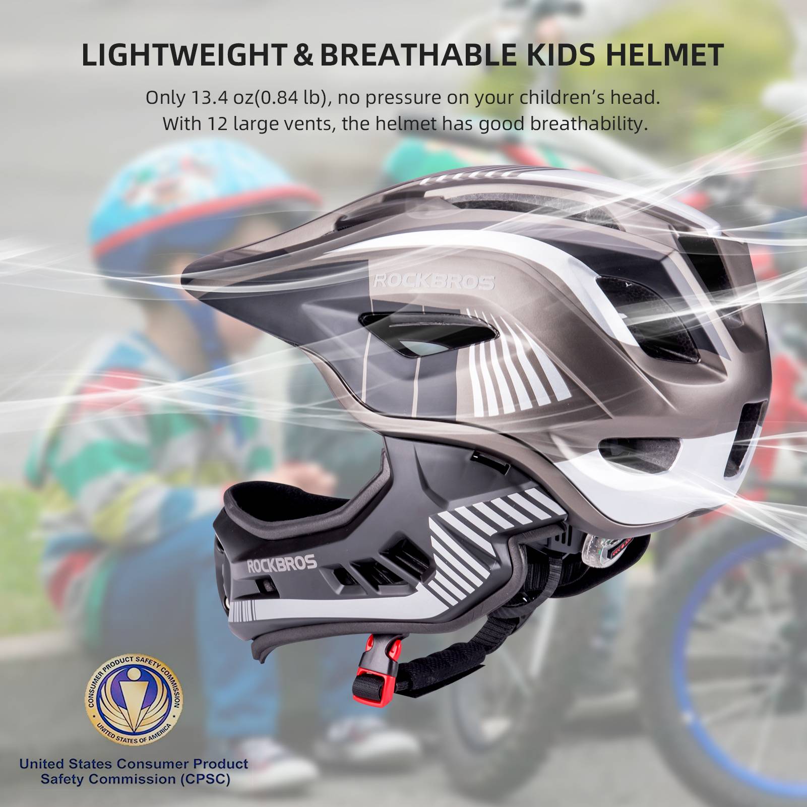 ROCKBROS fullface kinderhelm voor bmx step en fietsen #Zwart