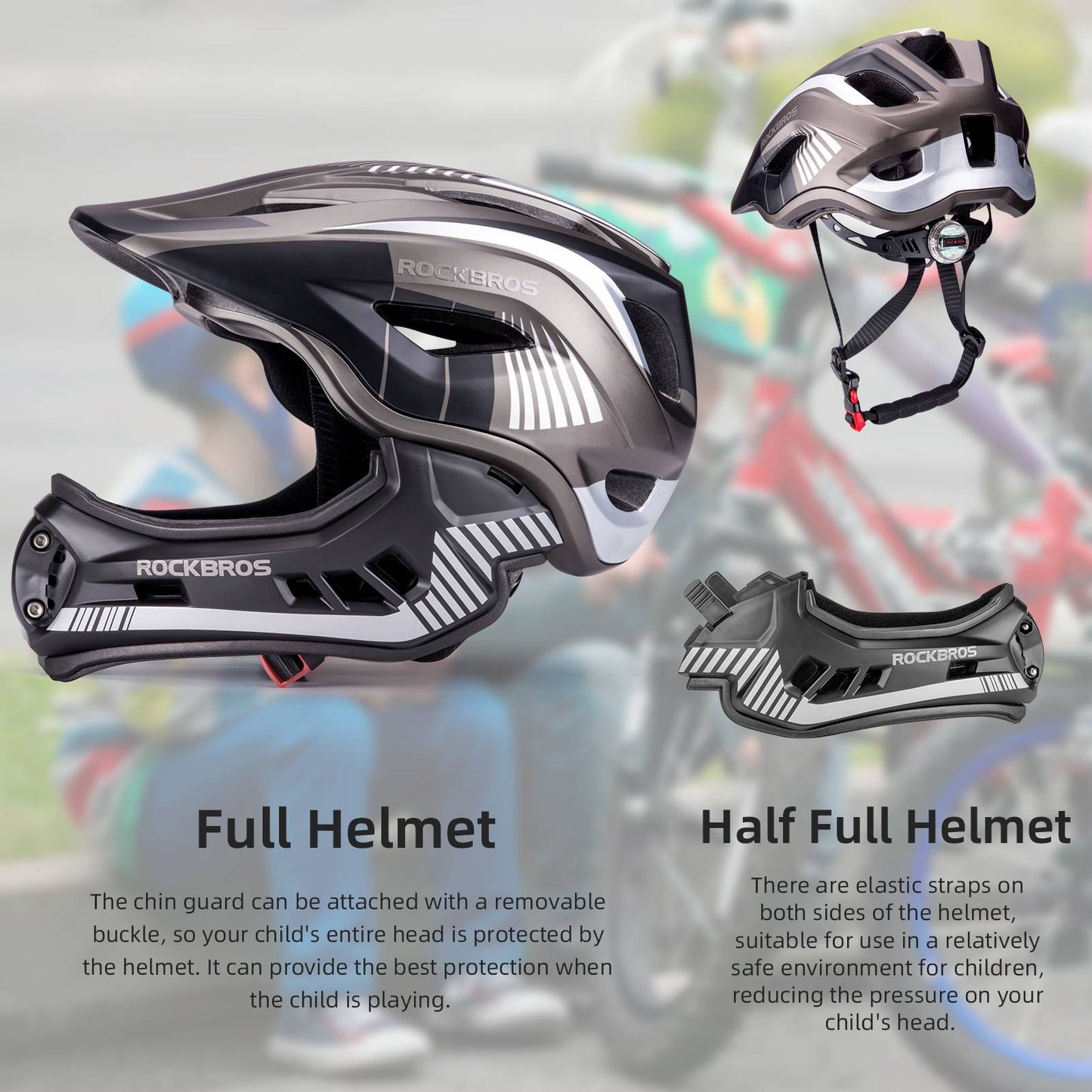 ROCKBROS fullface kinderhelm voor bmx step en fietsen #Zwart