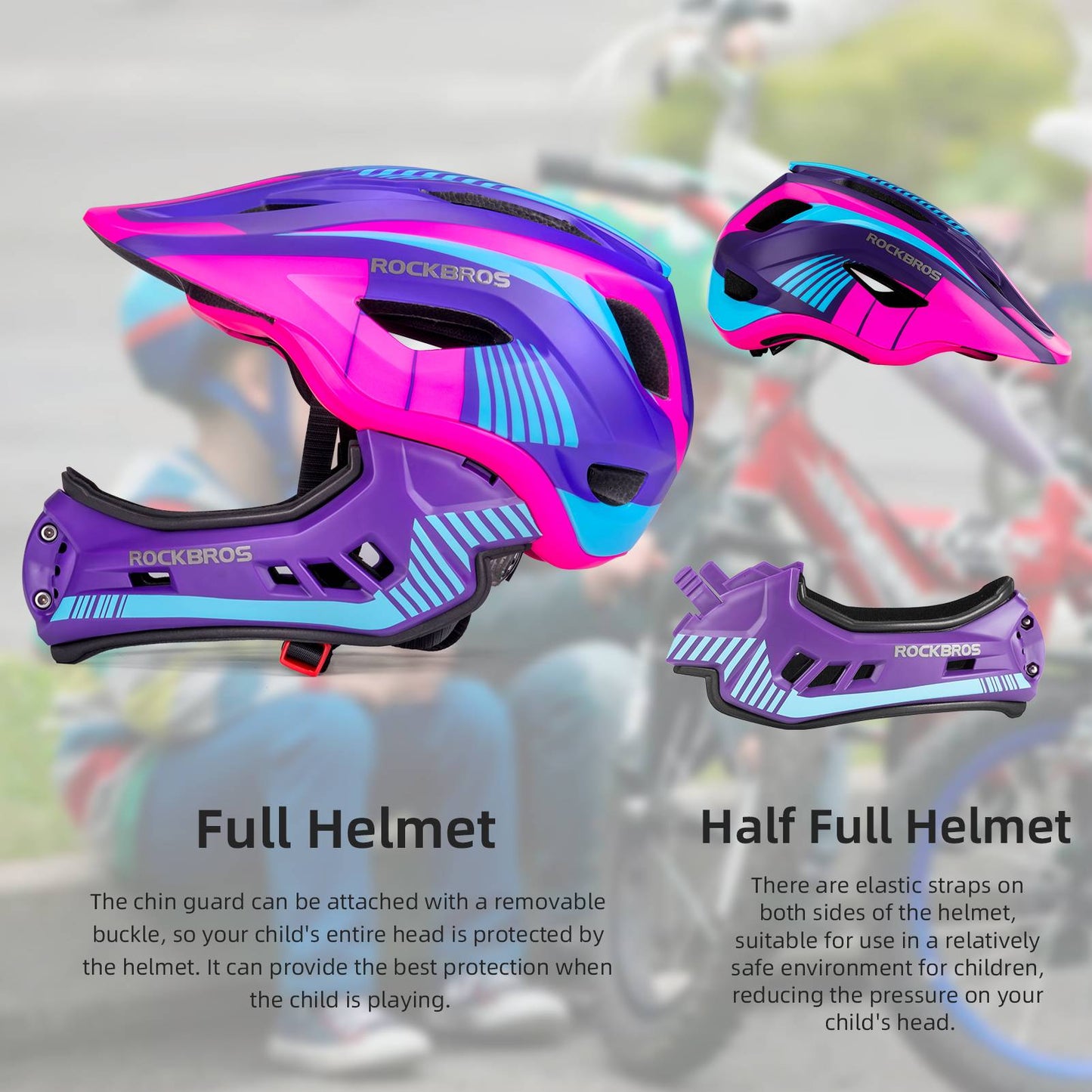 ROCKBROS fullface kinderhelm voor bmx step en fietsen #Paars