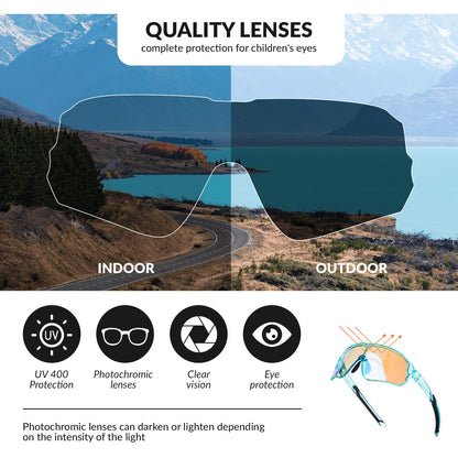 ROCKBROS Kids Photochromic Cycling Glasses UV400 Protection with TR90 Frame #Color_Transparent Blue