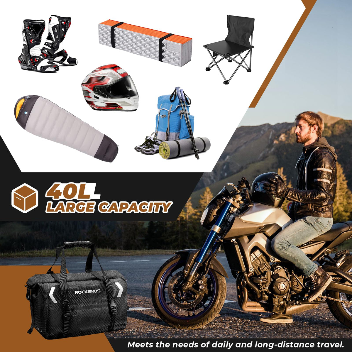 ROCKBROS Motorcycle Tail Bag 100% Waterproof Motorcycle Travel Luggage Bag #Size_40L