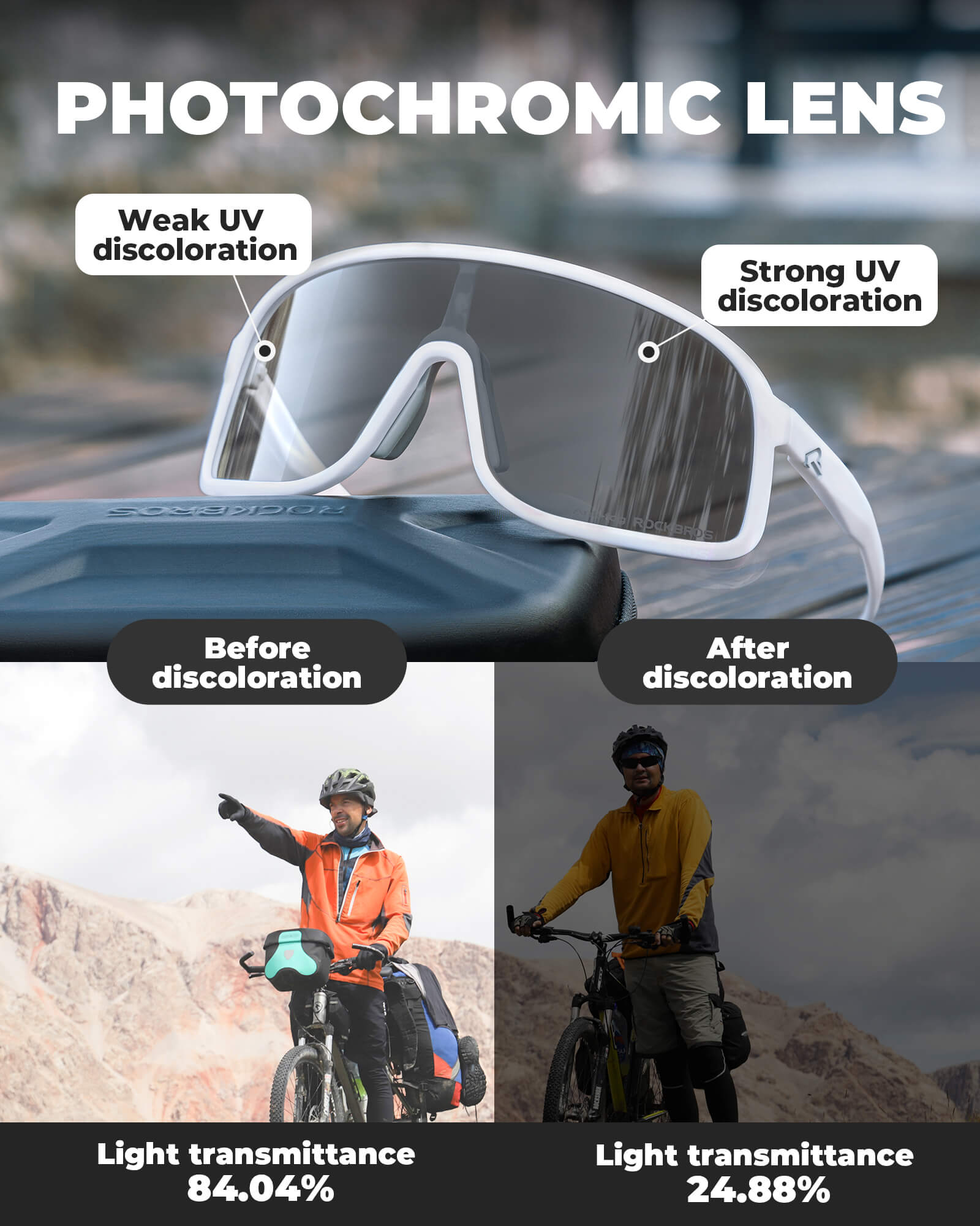 ROCKBROS fotochromische fietsbril uv400 met anti-condens pc lens#kleur_wit