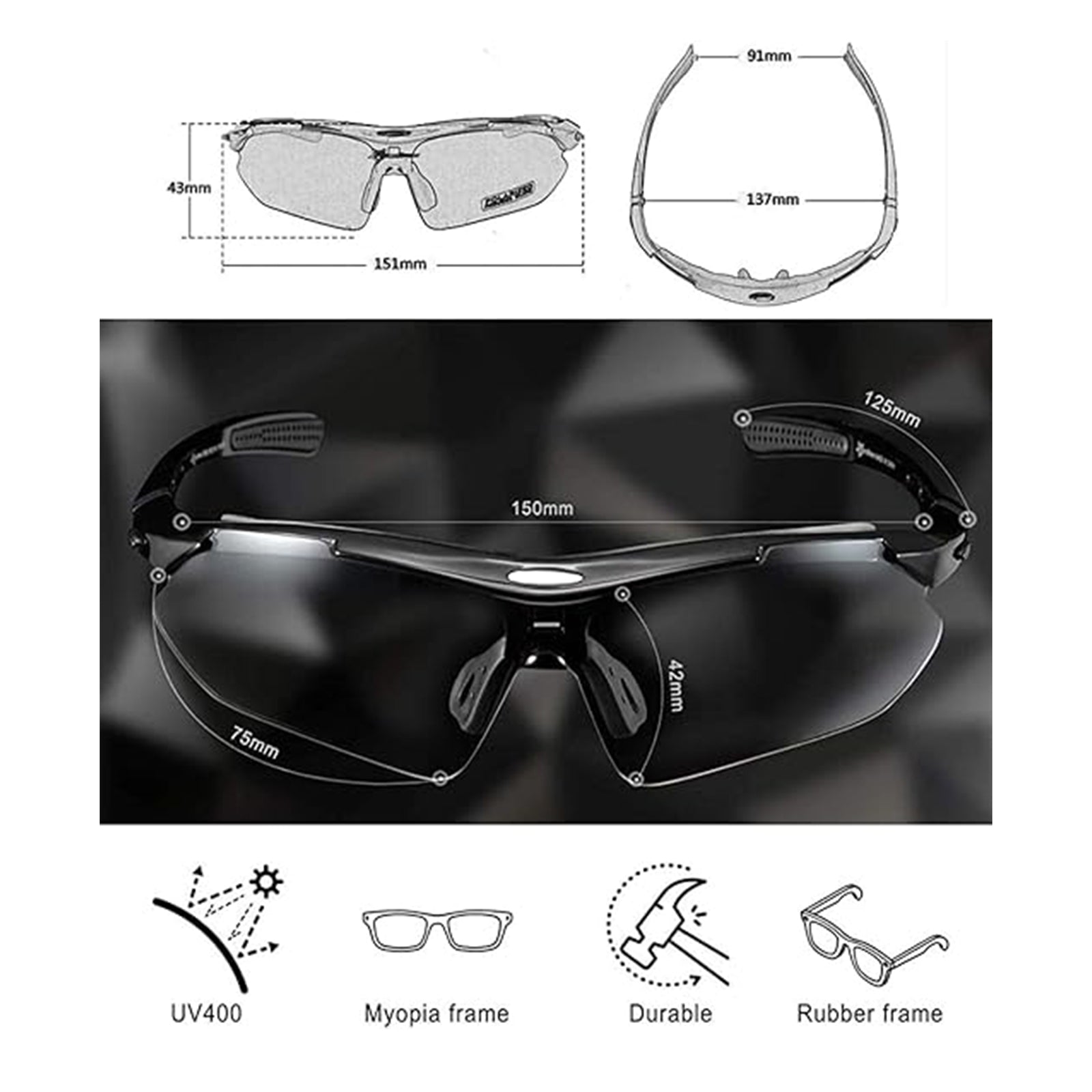 ROCKBROS Polarized Cycling Sunglasses with 5 Interchangeable Lenses ALT #color_Black Grey