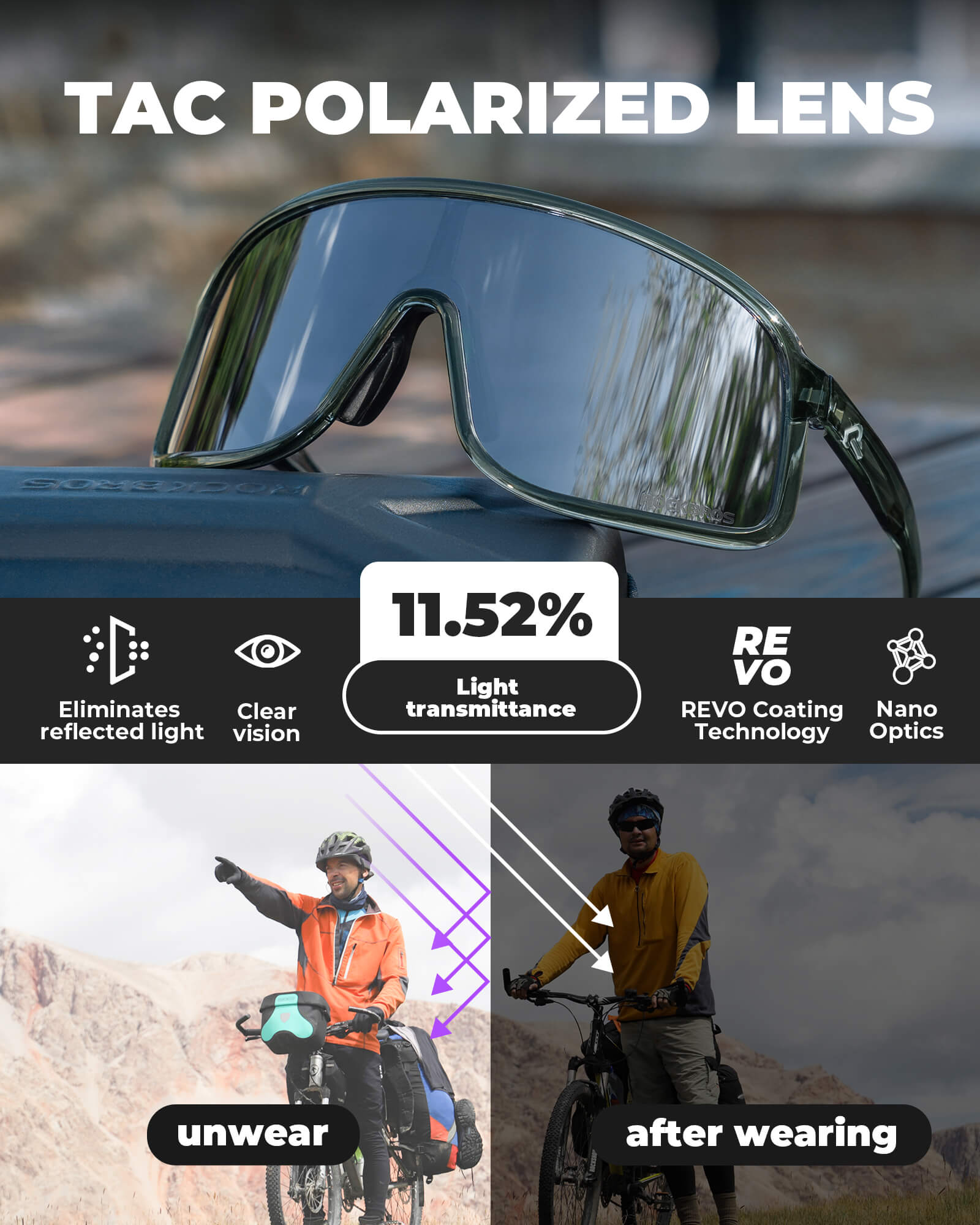 ROCKBROS gepolariseerde fietsbril uv400 met licht tr90 montuur unisex#kleur_leigroen