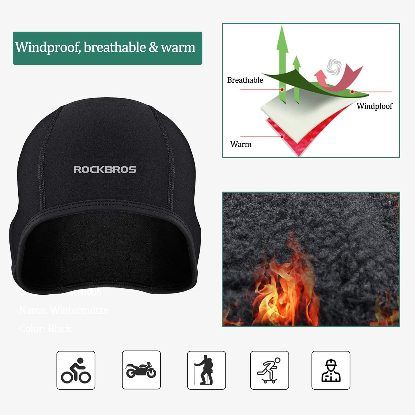 ROCKBROS Sports Beanie Skull Cap Helmet Liner Hats with Ear Covers