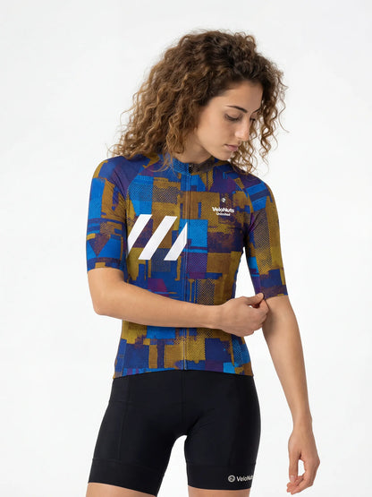 ROCKBROS dames fietsshirt Terrain Blocks ademend wielershirt Cobalt Rust Blocks