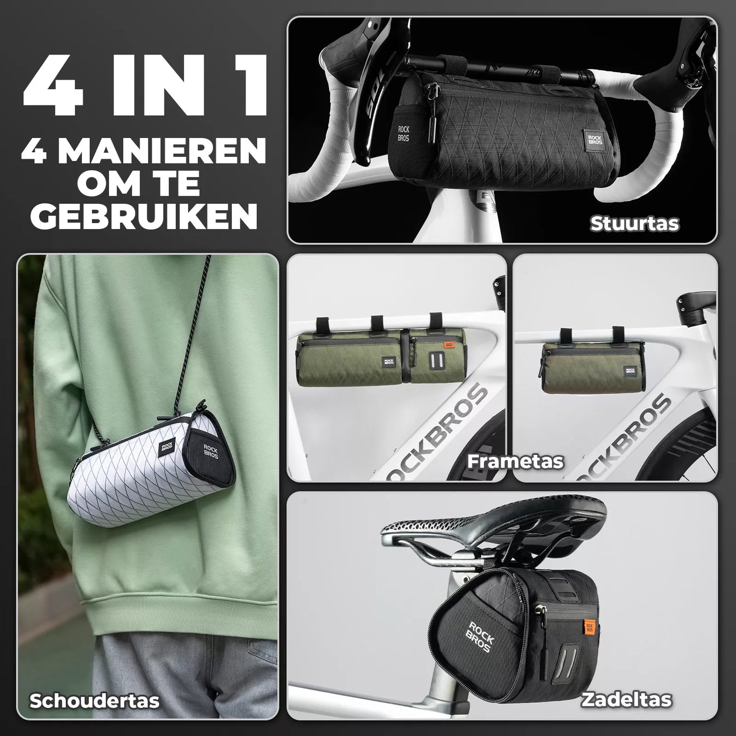Afneembare 4-in-1 fietstassenset voor stuur, frame en zadel 2 L