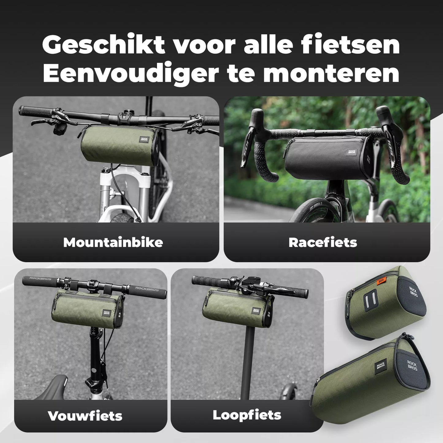 Afneembare 4-in-1 fietstassenset voor stuur, frame en zadel 2 L