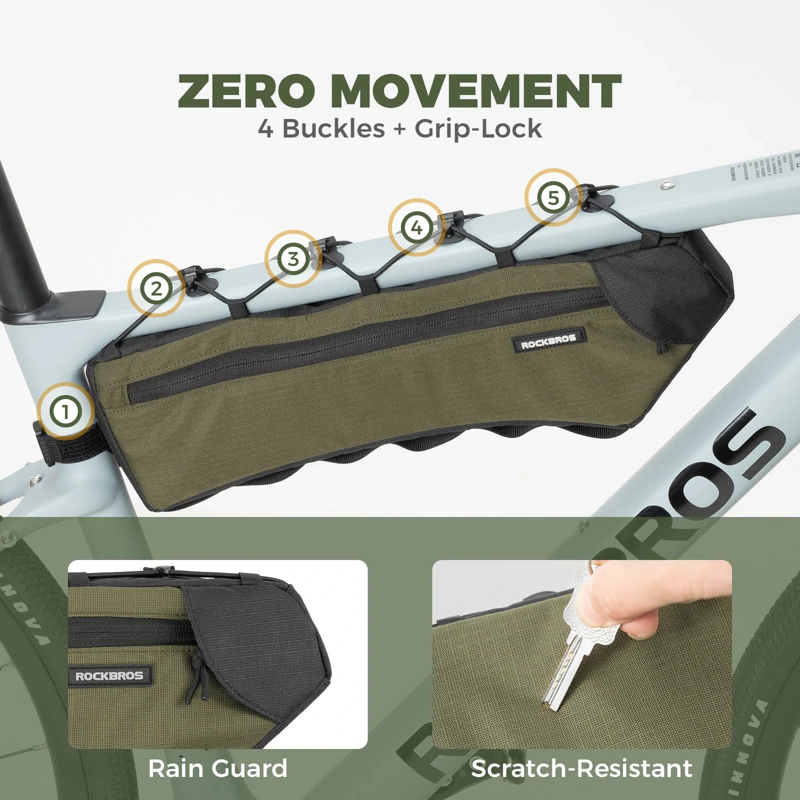 Bicycle frame bag with zero movement feature and additional features highlighted on a white background.